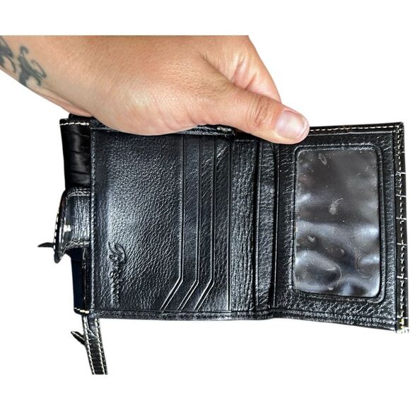 Vintage Brighton Croc Leather Wallet Crossbody Bag  Black Silver Snap Timeless - Picture 6 of 6